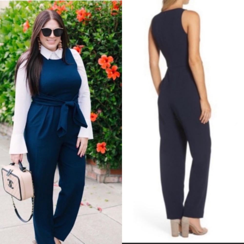 Eliza J Sleeveless Pleated Crepe Jumpsuit in Navy Blue | 8